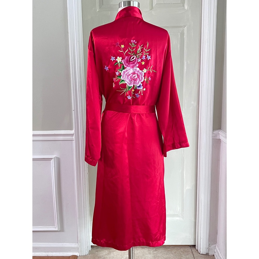 Bloomingdale's Robe OS Women Satin Floral Embroidered Red Kimono Loungewear